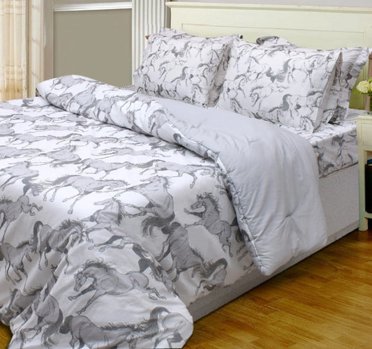AWST Lila horse-print comforter set, white and gray, king — Ranchline Ranch Supply